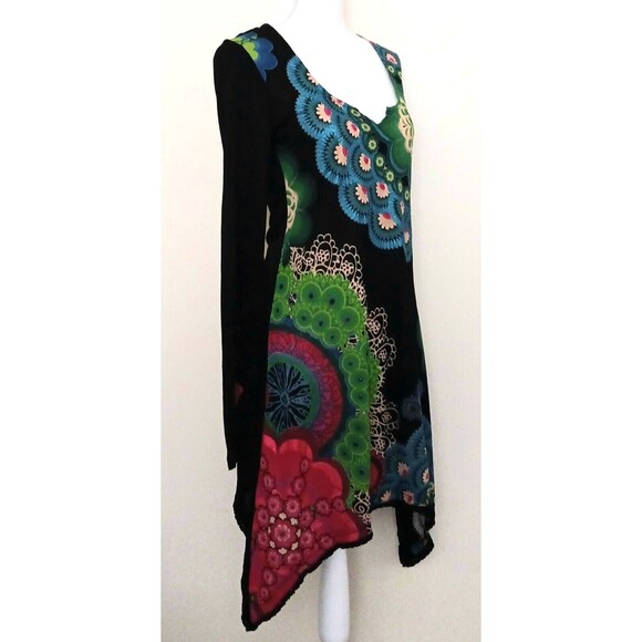 Desigual L/S Dress Bright Abstract Print Asymmetrical Hem Sz S - Picture 2 of 9